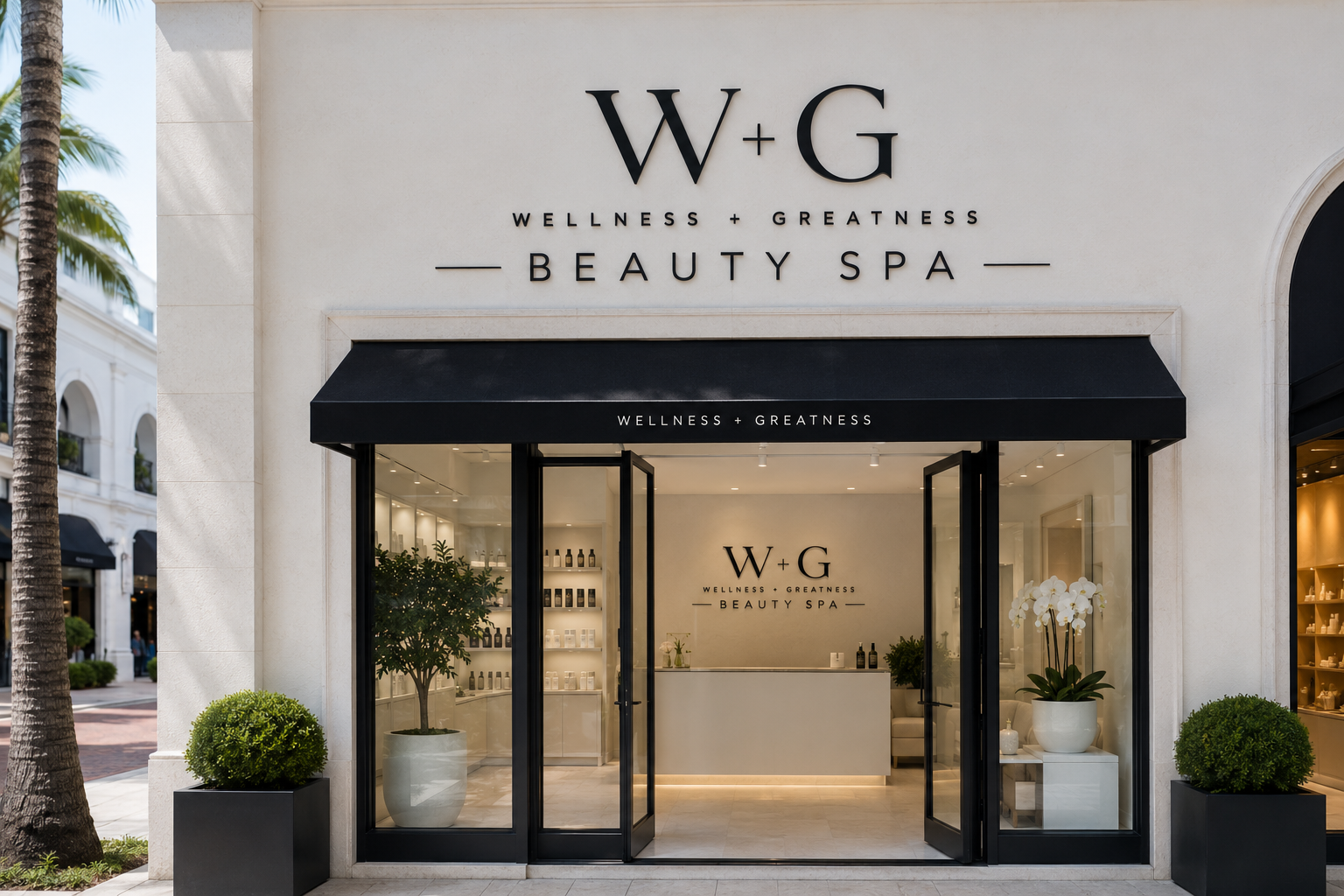 Exterior signage and interior branding for a modern beauty spa storefront